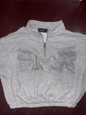AKIRA Light Gray Rhinestone Half-Zip Cropped Sweatshirt